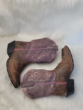 DAN POST Girl's Majesty Pink Embroidered Brown Leather Western Cowgirl Boot 13.5